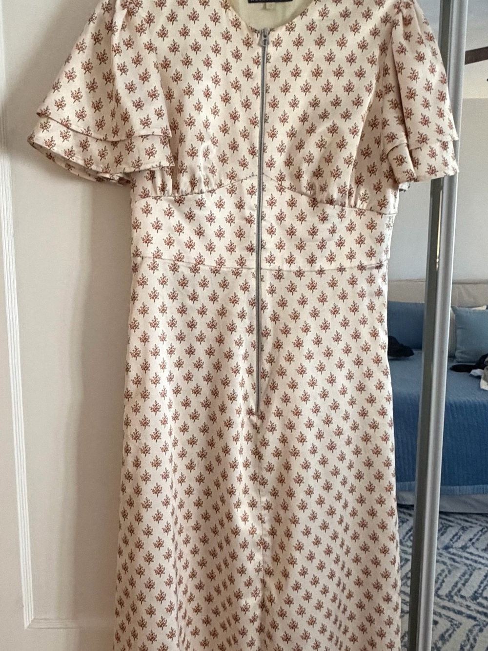 Cream Midi Dress with Brown Floral Print and Front Zip